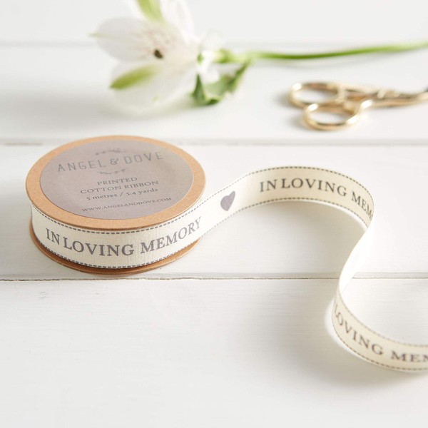ANGEL & DOVE 5m Roll of 'in Loving Memory' Printed Cotton Ribbon - for Funeral Flowers, Favours, Sympathy Gift Wrap