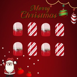 Christmas Press on Nails Short Square French Tip Fake Nails Red False Nails with Designs Red Candy & Winter Glitter Glossy Glue on Nails Xmas Acrylic Nails for Women Girls 24 Pcs