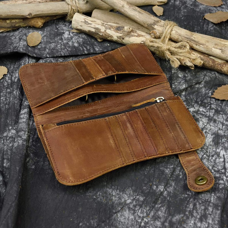 Mens Leather Long Bifold Wallet with Chain, Biker Wallet Vintage