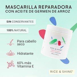 Mascarilla para Cabello Reparadora con Aceite de Germen de Arroz | Crema para Peinar - Hidratación Profunda | Con Vitamina E | Ideal para Cabello Seco y Dañado - Cuidado del Cabello | RICE & SHINE