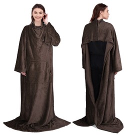 Fleece Wearable Blanket with Sleeves and Kangaroo Pocket for Women Man Adult, Super Soft Warm TV Throw Blanket with Snap Button, Body Wrap Robe Blankets with Arms, Brown