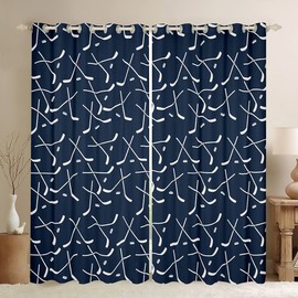Ice Hockey Darkening Drapes Hockey Punk Curtains for Bedroom Living Room for Kids Boys Girls Teens Winter Sports Hobby Decor Blackout Curtains Blue White Window Treatments (2 Panels, 52 x 63 Inch)