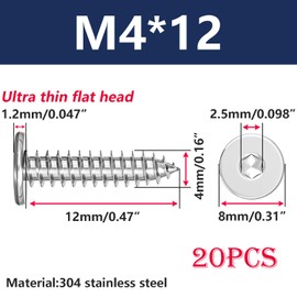 Ctyjia Pack of 20 Thin Hexagon Socket Self-Tapping Screws, 304 Stainless Steel, Thin Flat Head Wood Screws for Wood and Furniture, M4 x 12 mm