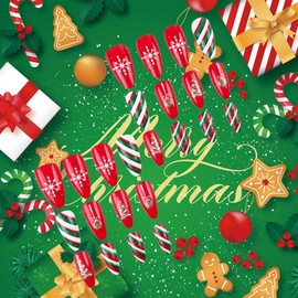 Sparkly Christmas Tree Press on Nails Candy Stick on Nails Snowflake Acrylic Fake Nails 24 Pcs Medium Almond Glossy Green Gold Glitter False Nails New Year Gel Glue on Nails for Coquette Women Girls