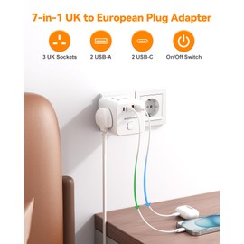 UK to European Plug Adapter with 4 USB Ports(QC3.0/PD20W), Cube European Plug Adapter for Germany, Spanish, France, Turkey, Italy, Egypt, Greece, Portugal and More(Type E/F)