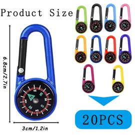 Snowtain Pack of 20 compass key rings, colourful carabiner compass plastic compass clips, compass carabiner compass with carabiner hook for outdoor hiking, wild camping, party toys for children.