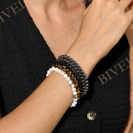 Bivei Pearl Bracelet for Women 6 mm Semi-Precious Stone Stretchy Elastic Jewellery Yoga Gifts, 21 cm, Stone, No gemstone