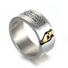 Oakky Men's Stainless Steel Skull Ring Cool Half Face Silver White Biker Bands Engraved Letters Size 9