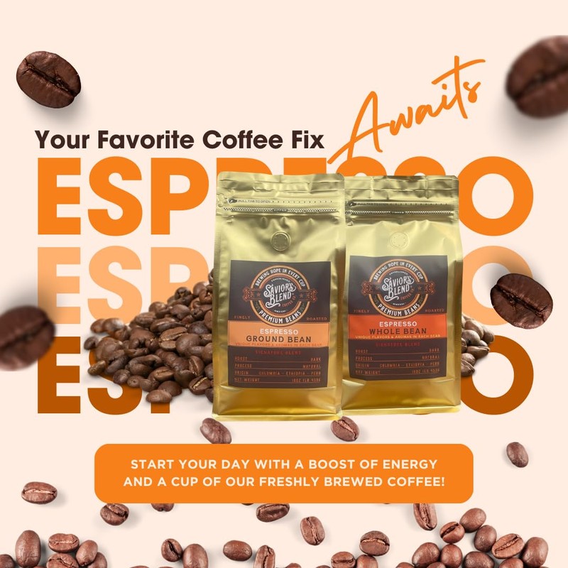 Savior's Blend Coffee Premium Espresso Ground Coffee, Dark Roast, Colombian-Ethiopian-Peruvian