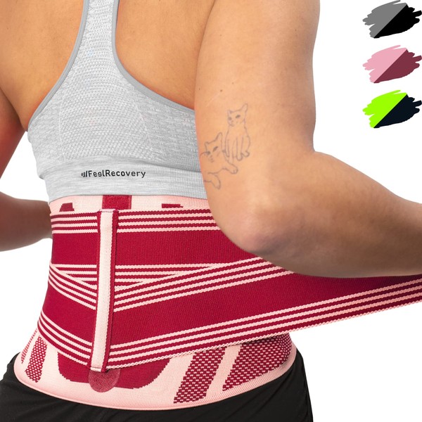 Feel Recovery Back Support for Men & Women - Back Support Belt for Work & Sports - Lower Back Support for Sciatica, Herniated Disc, Scoliosis & Back Pain (M, Bordeaux)