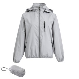 Spmor Women's Lightweight Waterproof Rain Jacket Packable Windbreaker Running Coat Light Grey XXL