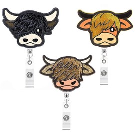 Highland Cow Badge Reel, Retractable ID Card Holder with Glitter Design, 3-Pack, Metal Clips, for Nurse Doctor Teacher Student Office School Supplies