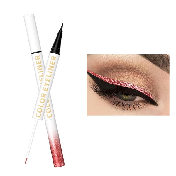 Double Ended Eyeliner Set Black/Metallic Liquid Eyeliner Glitter Eyeliner Liquid Sparkling Eyeshadow Waterproof Luminous Eye Makeup Set (04#Red)