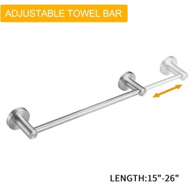 BESy Adjustable 15 to 26 Inch Single Bath Towel Bar for Bathroom SUS304 Stainless Steel Towel Holder, Wall Mount with Screws Hand Towel Bar Rod Hotel Style, Brushed Nickel