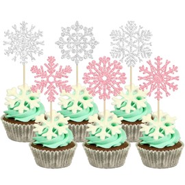 24 piezas de adornos de copos de nieve para cupcakes de copo de nieve de invierno con purpurina rosa y plateado, adornos de pasteles congelados para baby shower, niños, cumpleaños, fiesta de Navidad, decoración de pasteles