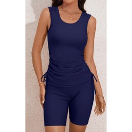 Tankini Swimsuits for Women Tummy Control Two Piece Bathing Suit Tank Top with Shorts Side Tie Swimwear Navy Blue