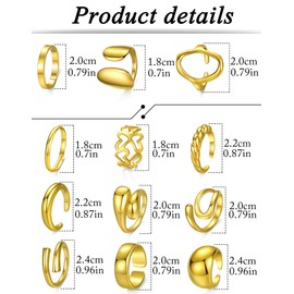 Ofeiyaa 12Pcs Gold Chunky Rings 18K Gold Plated Stackable Open Knuckle Ring Set Hollow Heart Twist Croissant Dome Band Statement Finger Rings for Women Gold Silver Tone Adjustable