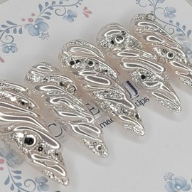 Silver embedded wave handmade nail tip - Square M / 실버 임베드 웨이브 수제네일팁 - 스퀘어M