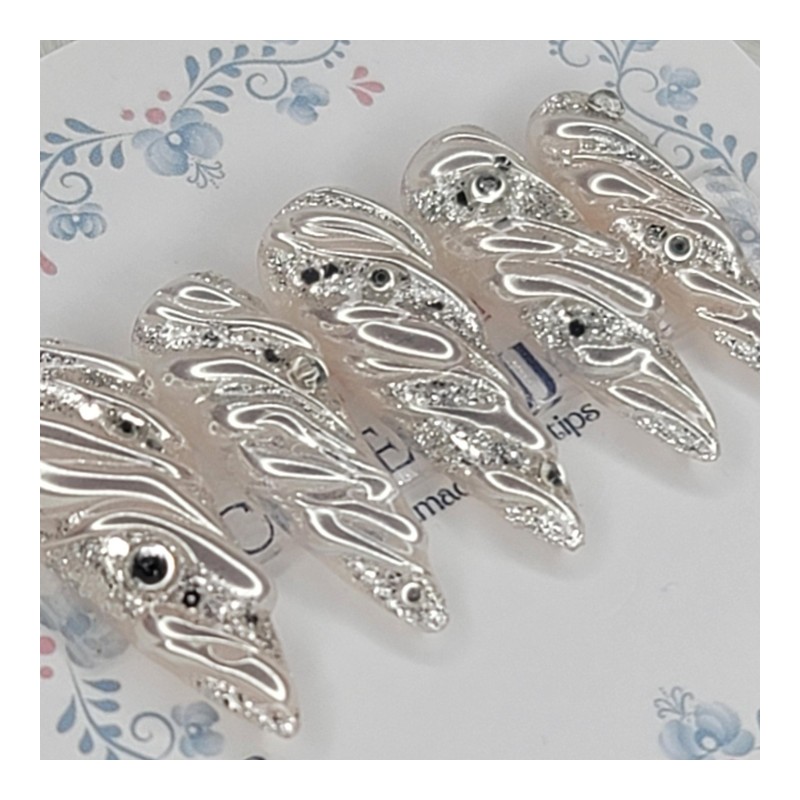 Silver embedded wave handmade nail tip - Square M /