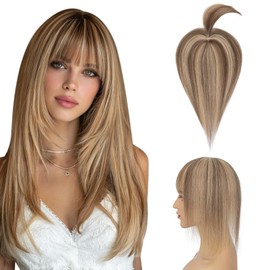 Hairro Mono Hair Toppers with Bangs, 3.4" x 3.4" Mono Base 100% Real Human Hairpieces for Women, 150% Density Clips In Topper for Greyish Thinning Hair, 10 Inch Medium Brown Mix Dark Blonde