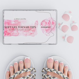 COKYISS Toe Nail Tips, 300PCS Sharp Square Peach Pink Gel Nail x Tips French Tip Press On Nails for Women, Pre-applied Tip Primer & Base Coat Toenail Press Ons For DIY 15size