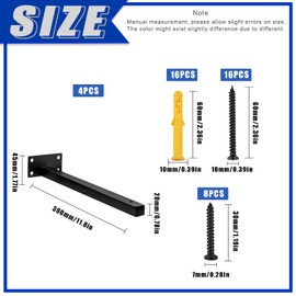 Glarks 4 Pack 12 Inch Black Shelf Brackets, Industrial Floating Shelf Bracket, Wall Mounted Heavy Duty Rustic Shelf Brackets with Screws and Anchors for Shelves Support DIY