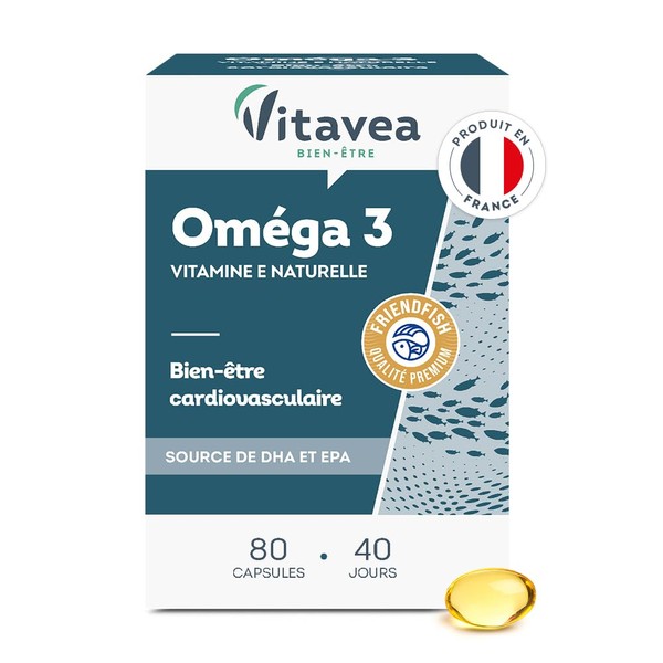 Vitavea Bien-être - Omega 3 Vitamine E Naturelle - Huile de Poissons Sauvages Qualité Premium - Source d'EPA et DHA - Bien-être cardiovasculaire - 80 Capsules - 40 jours - Fabriqué en France