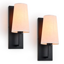 Black Wall Sconce Set of 2 with Linen Fabric Shade,Farmhouse Hardwired Wall Mounted Lamp,Modern Indoor Textile Vanity Sconce Wall Lighting Reading Light Fixture for Bedside Bedroom Living Room Hallway