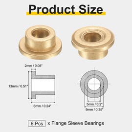 sourcing map 6Pcs Flange Sleeve Bearings, 5mm Bore x 9mm OD x 6mm Length, Self-Lubricating Sintered Bronze Bushings