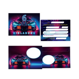 Minkocards 12 Invitation Cards for 6th Children's Birthday Boy Car Racing Car Invitations Sixth Boys Birthday Racing Car Including 12 Envelopes, 12 Party Bags / Natural, 12 Stickers