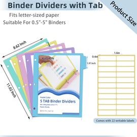 10Pcs/2 Set 5 Tab Dividers Clear Plastic Binder Dividers with Tab,for 3 Ring Binder,Customizable Labels, Multicolor, Durable & Tear-Resistant