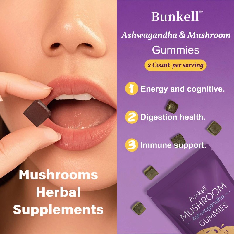 Bunkell 90 pcs Mushroom Gummies with Ashwagandha, Functional Mushroom Gummies