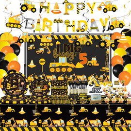 162 Pcs Construction 5th Birthday Party Supplies Dump Truck Five Tableware Includes Backdrop, Hanging Swirl, Banner, Plates, Cups, Tablecloth for Construction Five Years Old Bday Party Decorations