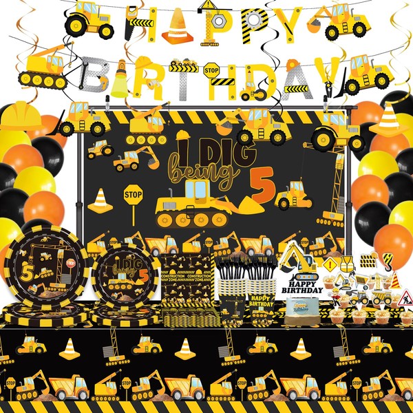 162 Pcs Construction 5th Birthday Party Supplies Dump Truck Five