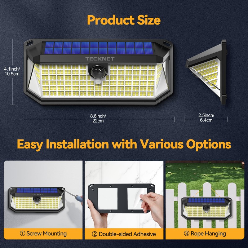 TECKNET 461 LED Solar Powered Outdoor Lights, 270° Angle &