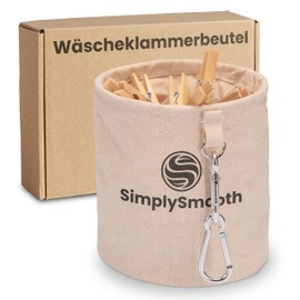 SimplySmooth Clothes Peg Bag for up to 100 Clothes Pegs - 100% Cotton Peg Bag with Extra Large Carabiners for Hanging - Clothes Peg Basket with Closure