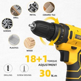 DELI 12V Cordless Drill Set, 2.0Ah Battery with Charger, 3/8'' Keyless Chuck, 18+1 Torque Settings, Electric Mini Drill for Home Improvement