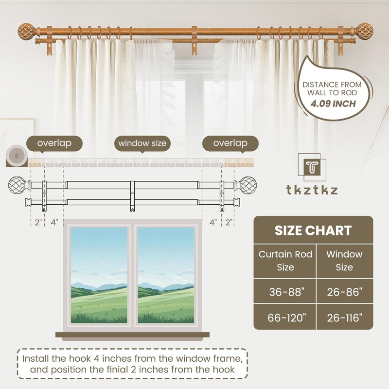 TKZTKZ Wood Double Curtain Rod,1" Adjust Farmhouse Boho Wooden Rods,36-88"