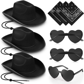 Geyoga 9 Pcs Cowboy Hat with Paisley Print Bandanas and Heart Shape Sunglasses for Adults Cowboy Party Costume(Black)