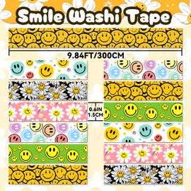 NIKOMIE 12 Rolls Smile Face Washi Tape Set, Cute Flower Decorative Tape, Colorful Cartoon Masking Tape for Journaling Supplies, Junk Journal, Scrapbooking, DIY Arts & Crafts Supplies