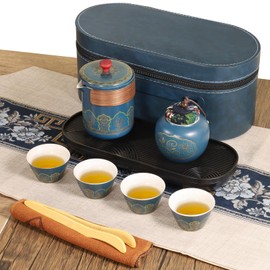 Portable Ceramic Tea Set, Grey Leather Case, Porcelain Teapot, Tray and Filter, for Home, Gifting, Outdoor and Office (Black)