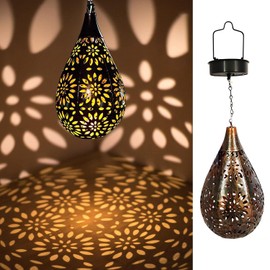 OMRAYTU Hanging Solar Lanterns Outdoor,Black Moroccan Style Garden Party Decorative Rechargeable Lantern, Hurricane Lamps are Great for Front Porch, Patio and Yard(1 Pack Copper )