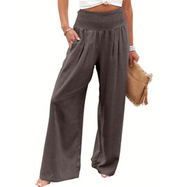 ANRABESS Women Linen Palazzo Pants Summer Boho Wide Leg High Waist Casual Lounge Pant 2025 Beach Travel Vacation Outfits Coffee Small