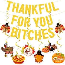 TF Girly Friendsgiving Party Decorations with Hanging Swirls, Gold Glitter Friendsgiving Decorations for Girl Home Office, Friendsgiving Banner, Thanksgiving Decorations for Mantel Fire Place Party