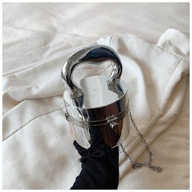 Tasysain Women Acrylic Evening Bucket Bag Shiny Bucket Cylindrical Thick Handle Clutch Unique Niche Prom Crossbody Handbag, Silver