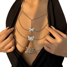 Denifery Butterfly Body Chain with Necklace Layered Bra Chains Summer Beach Body Jewelry for Women and Girls (Gold)