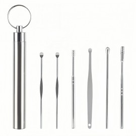 Earmuff, Set of 6 Carefully Selected Stainless Steel, Brushing, Spoon, Ear Cleaning, Ear Picking, Shaving, Helix, Assorted Tip Shapes (Spiral, Spoon, Spring Type), Washable, Clean, Case Included, Key