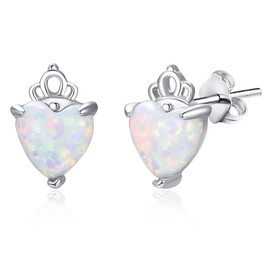 TANGPOET Opal Stud Earrings for Women 925 Sterling Silver White Opal Heart Earring Hypoallergenic Crown Shaped Jewelry Valentines Day Birthday Christmas Gifts