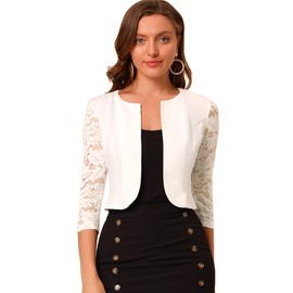 Allegra K Women's Festive Lace Bolero 3/4 Sleeve Round Neck Transparent Shrug Elegant Jacket, White