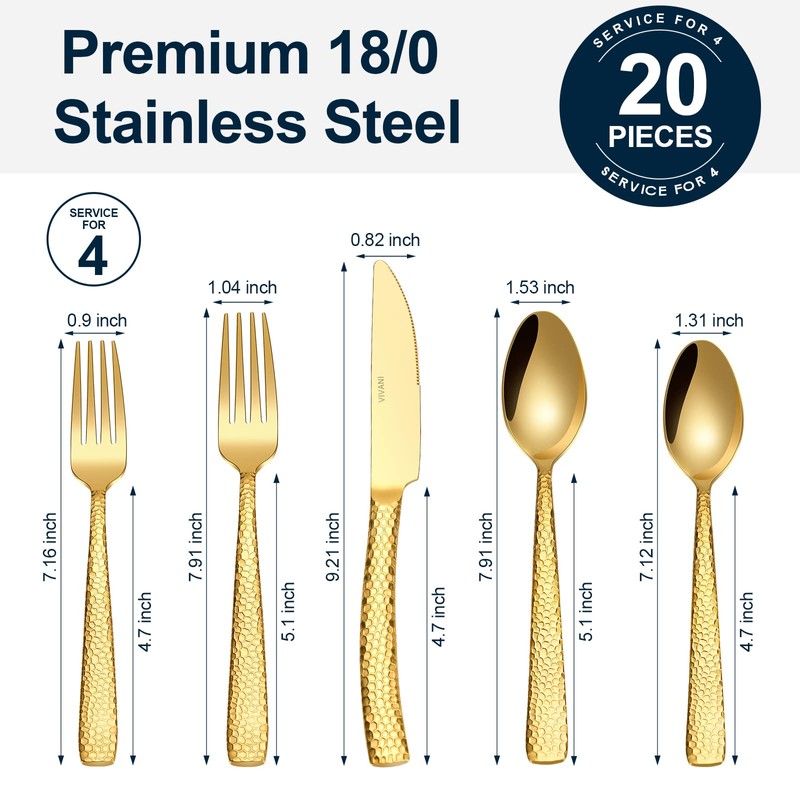 VIVANI Theoson 20-Piece Gold Heavy Silverware Set for 4, Thicken